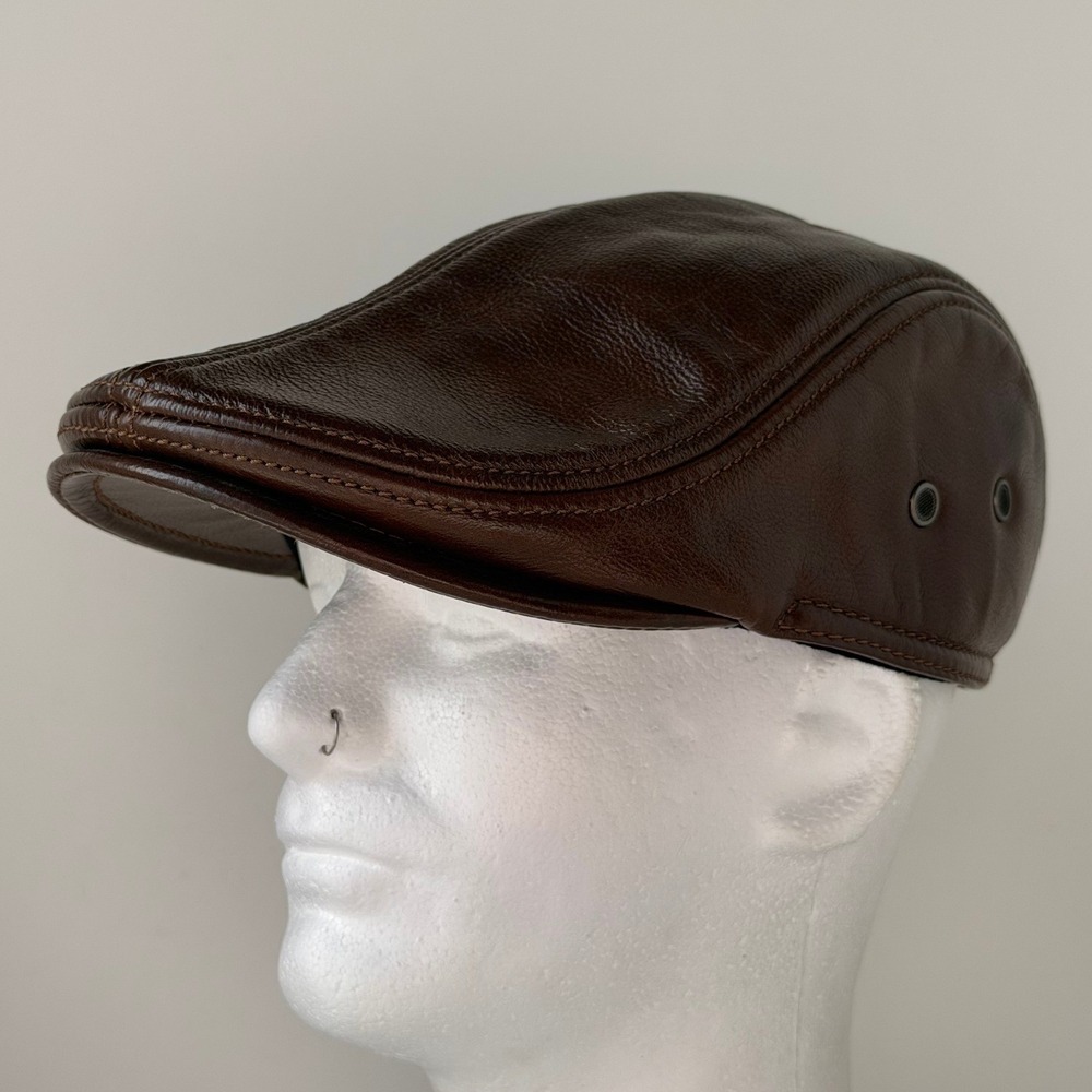 Mens Retro Leather Flat Cap XL Brown Ivy Gatsby Newsboy Driving Hat Vented